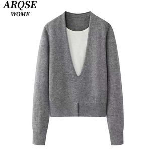 艾诺丝旺京官方旗舰店2025冬装新款V领假两件针织衫毛衣女4152