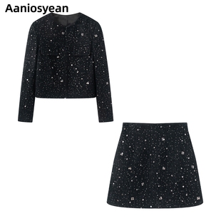 艾诺丝旺京小香风亮片外套半身裙套装黑色千金气质两件套冬季1317