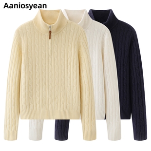 艾诺丝旺京2025冬季新品款立领羊毛半拉链绞花针织衫毛衣上衣0122