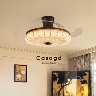 中古风扇灯卧室吸顶布艺灯侘寂风扇叶吊扇灯casagd复古餐厅隐形