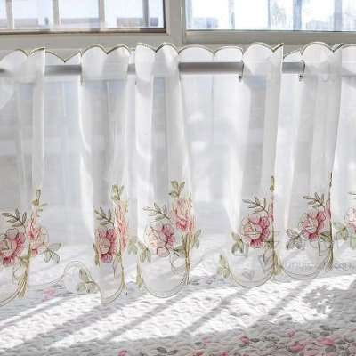 嫣然刺绣半帘咖啡帘 唯美成品小短帘隔断帘 厨房窗帘纱门帘橱柜帘