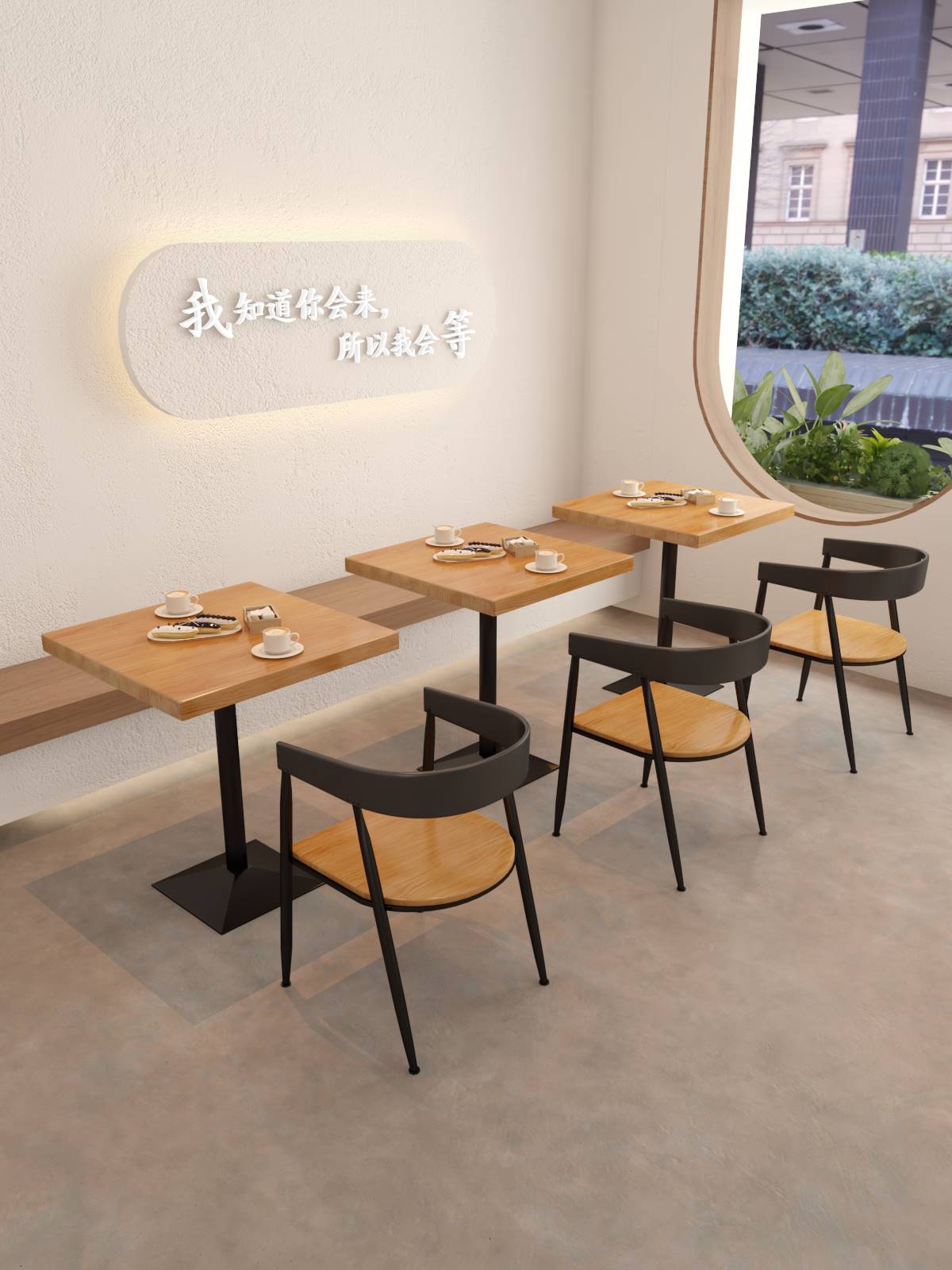 咖啡馆小方桌正方形铁艺实木餐桌商用员工餐厅小吃店桌椅组合1016