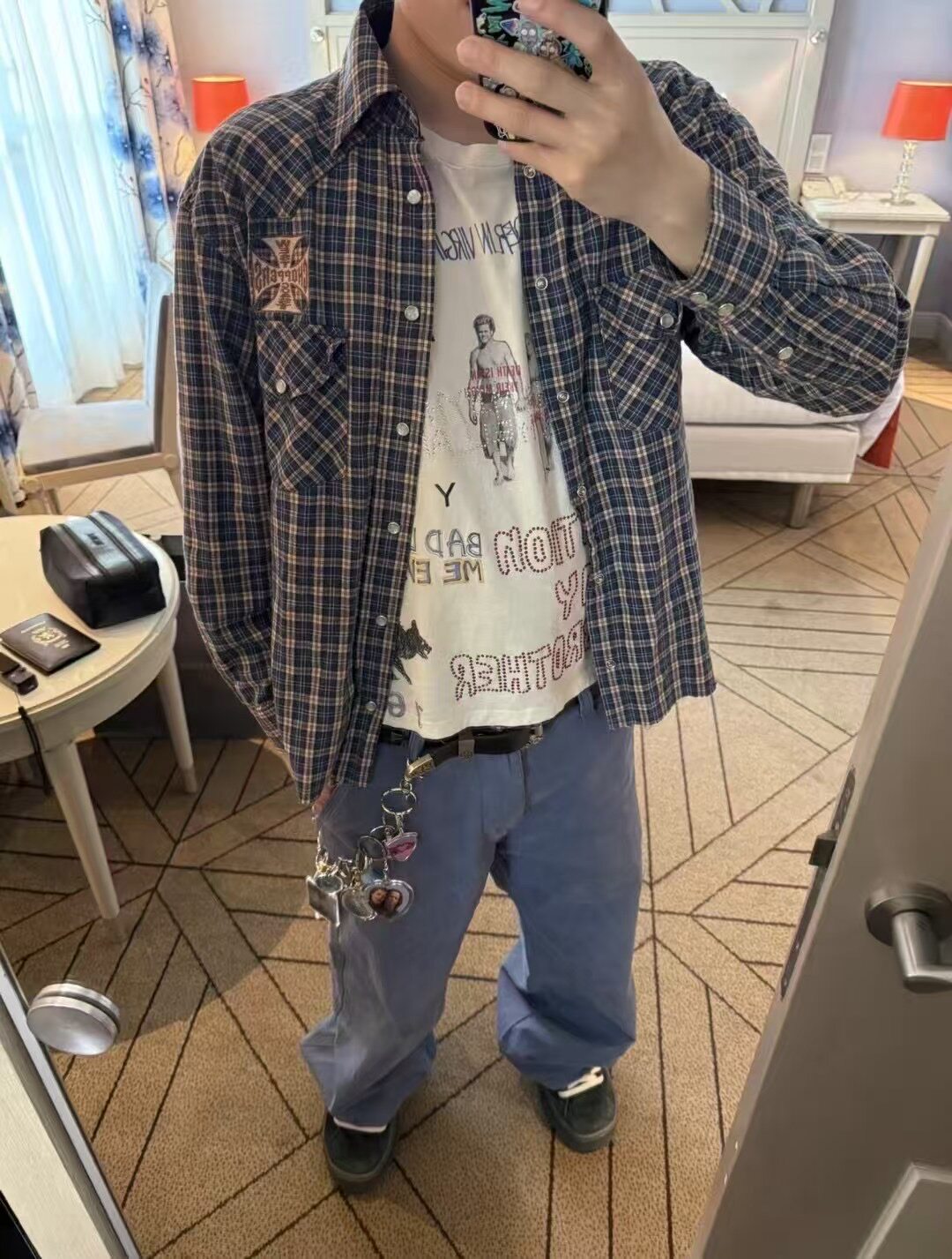 thumbnail for ERD plagiarism west coast choppers French blue embroidery washed vintage blue plaid shirt