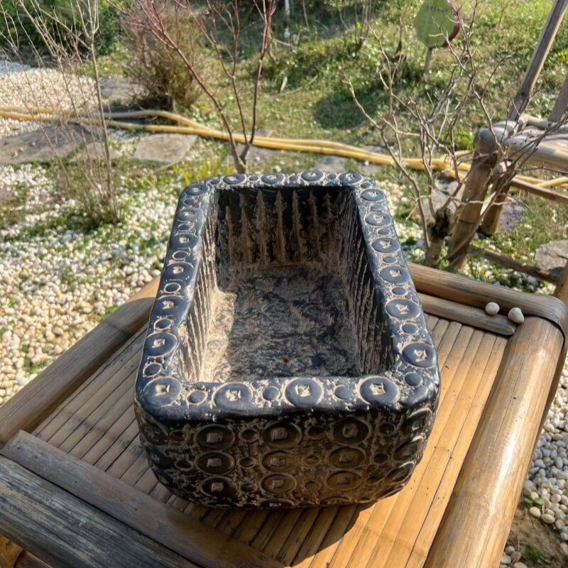仿古金钱盆寓意招财进宝适合室内庭院养鱼养花装饰摆件合成石材