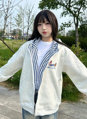 灰色拼接条纹可爱腊肠狗刺绣连帽卫衣女秋冬复古宽松开衫加绒外套