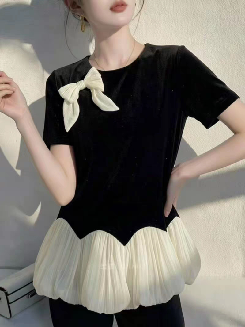 法式小香丝绒拼接何叶边上衣女早秋新款小众蝴蝶结减龄显瘦潮T恤