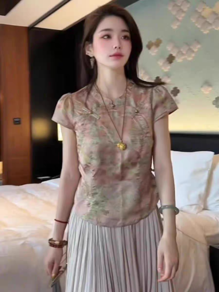 欧货高端天丝衬衫女士包袖提花盘扣新中式国风气质修身小众上衣夏