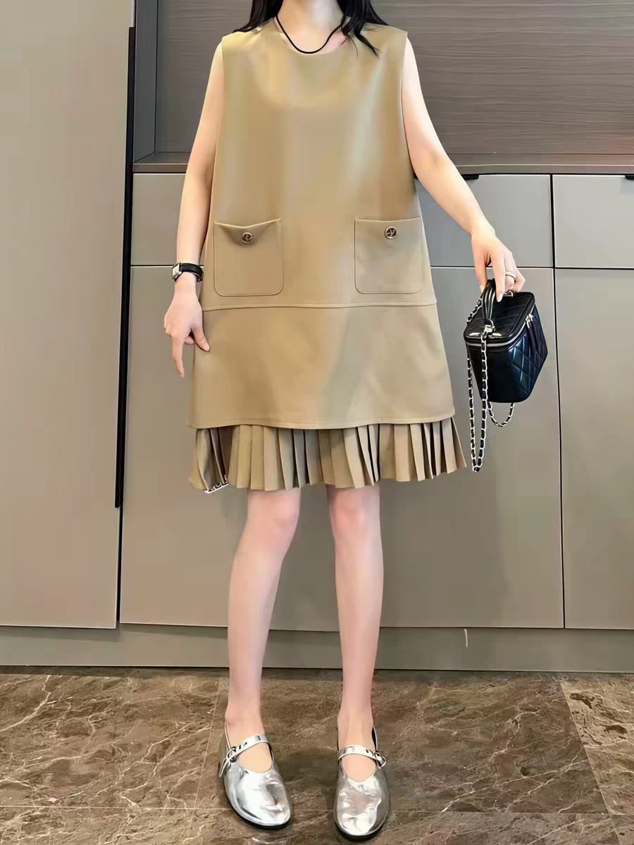 小香风无袖连衣裙女夏季西服百褶裙拼接显瘦设计感高腰a字背心裙