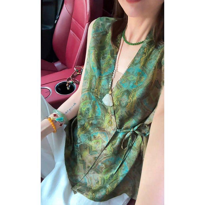 夏日新款绿色复古绑带背心女