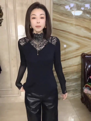 欧货25秋新款时尚蕾丝拼接半高领长袖打底衫女修身显瘦.网纱上衣