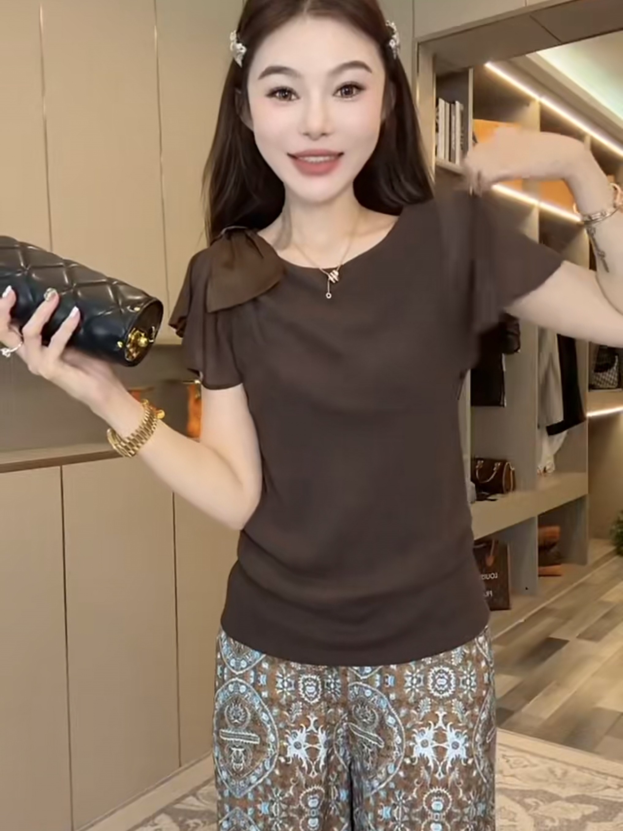 斗篷网纱设计纯色洋气T恤夏款女装时尚薄款圆领蝴蝶结宽松上衣潮