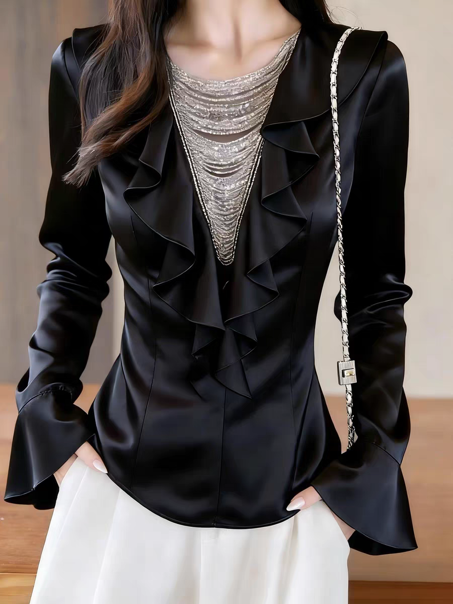 法式春气质绝美荷叶边缎面v领链条衬衫女收腰设计感喇叭袖上衣潮,女装/女士精品,衬衫,淘宝优惠券,粉丝福利购,淘宝优惠卷