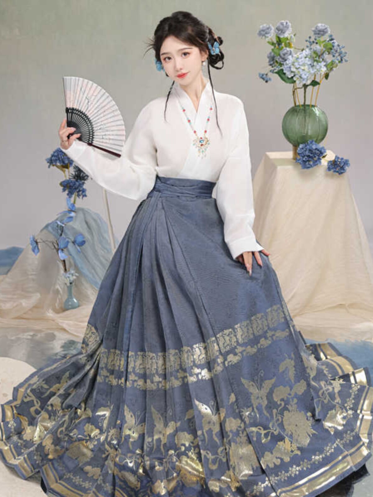 새로운 WUDIE 원래 명나라 HANFU 여성의 국가 스타일 개선 된 새로운 중국 스타일 금 직조 말 얼굴 스커트 데일리 스커트 정장