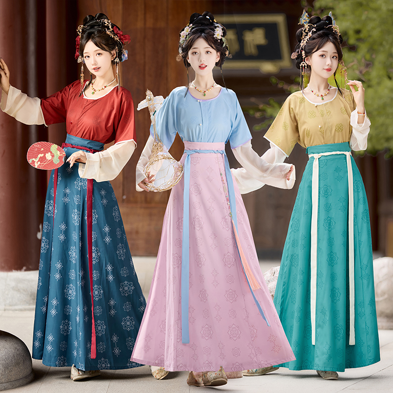 瑶圃宴新款原创唐制汉服印花坦领唐褙子春夏圆领衫齐腰破裙日常款