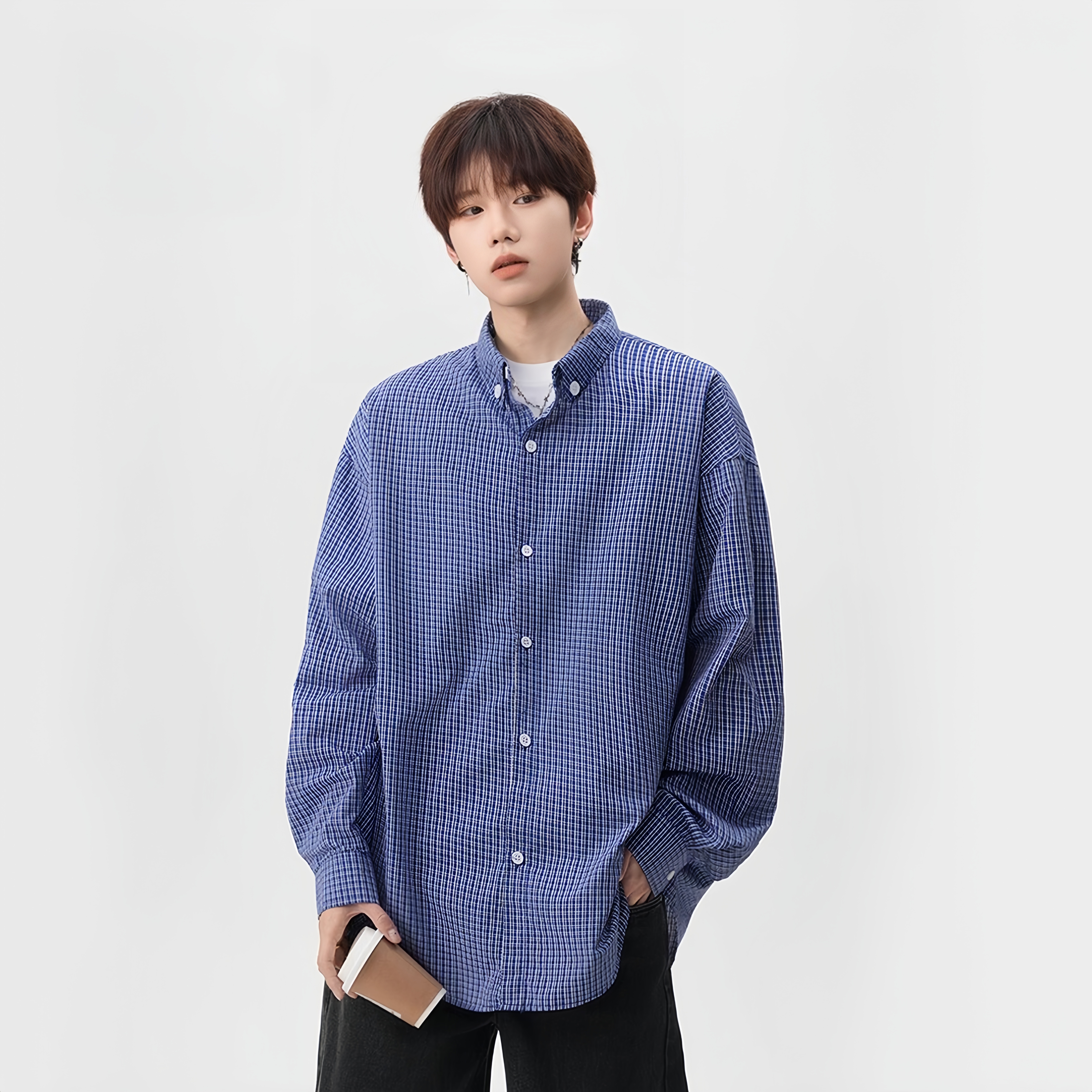 春夏美式复古经典格纹衬衣蓝色慵懒长袖衬衫男女百搭宽松格子外套