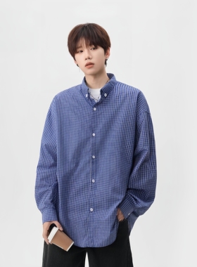 春夏美式复古经典格纹衬衣蓝色慵懒长袖衬衫男女百搭宽松格子外套