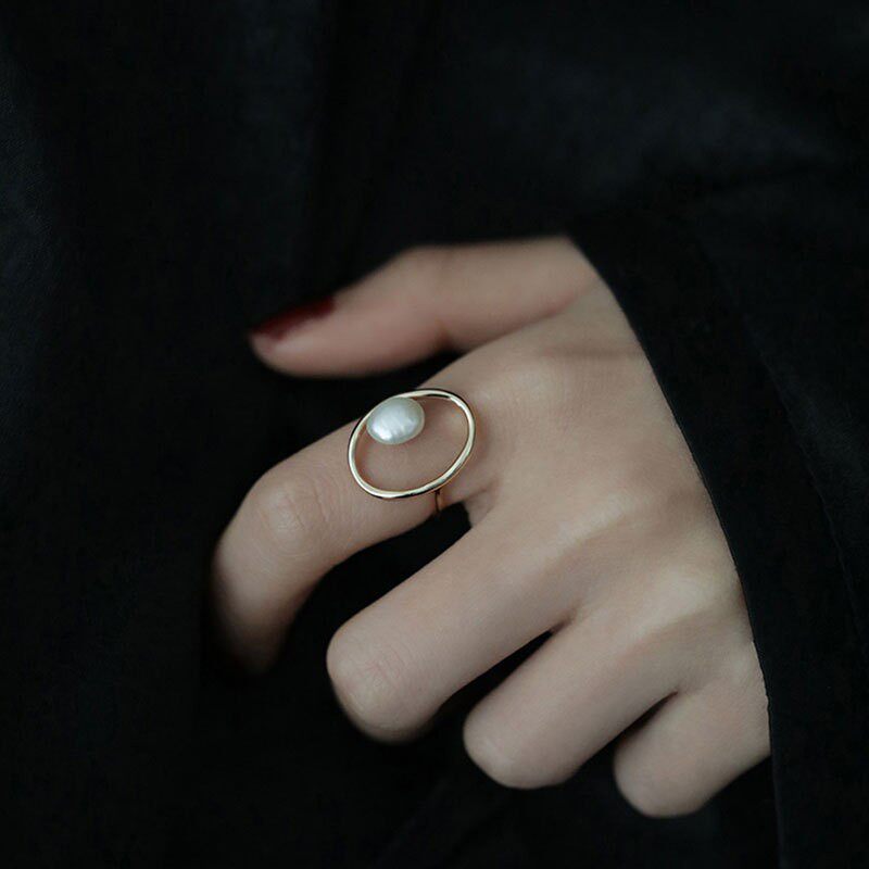 韩版s925镀银仿珍珠戒指女复古时尚小众设计开口指环简约食指戒潮