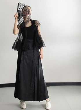 新中式复古古风长款日常中国风百褶裙马面裙黑色提花#ZG124363-01