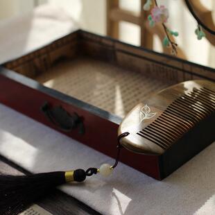 南风知我意 中式及笄礼物手工镶嵌银丝天然绿檀香木梳子 定制刻字