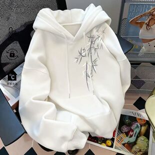 NASA秋冬加绒重磅国潮新中式墨竹印花连帽卫衣男女宽松上衣外套