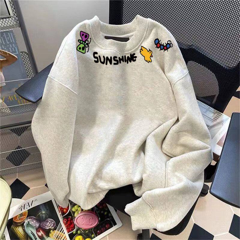 韩版内搭叠穿男女秋冬宽松情侣加绒圆领长袖可爱印花卫衣透气简约