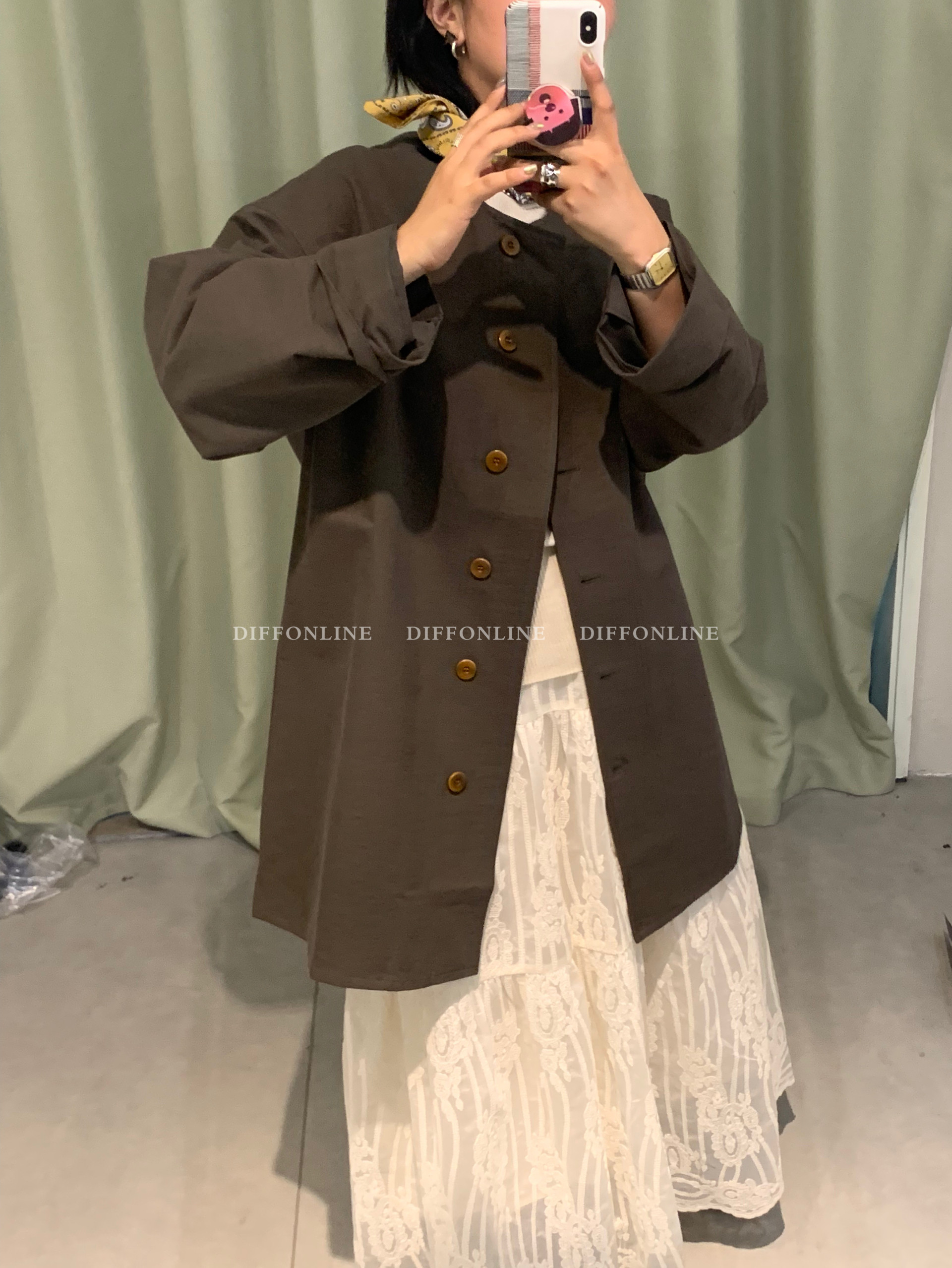 DIFF 24FW 女日系无领单排扣中长款风衣西装外套时尚慵懒风上衣