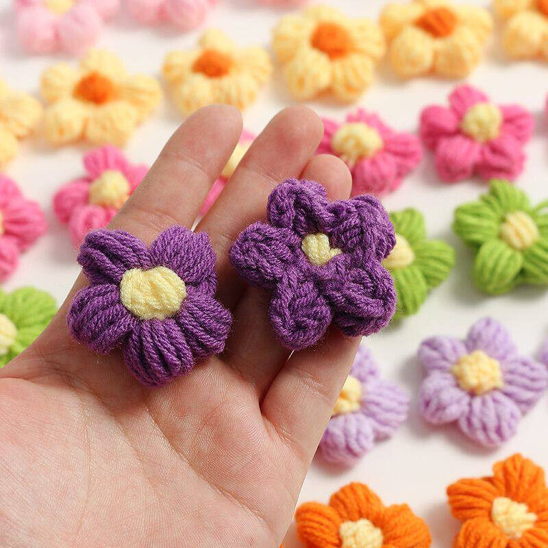 多彩钩织毛线泡芙花朵胸针配件 diy手工编织胸花服饰包包发夹配饰