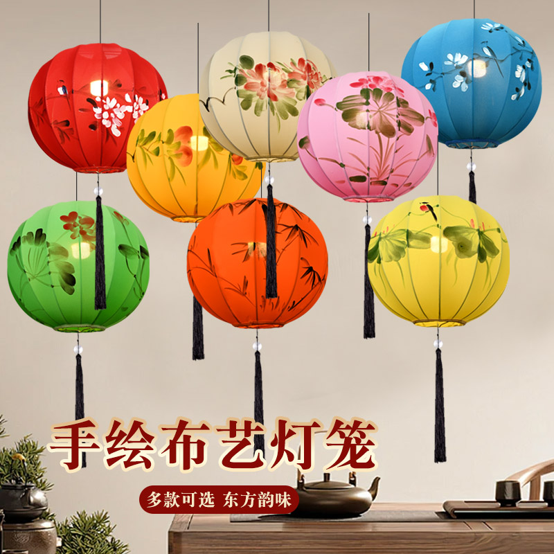 中式弹力布圆形布艺吊灯火锅店图片