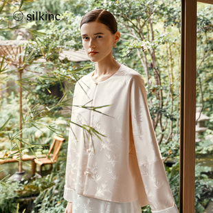 丝所东方花园系列真丝提花圆领开衫新中式可双面穿外套双面竹影