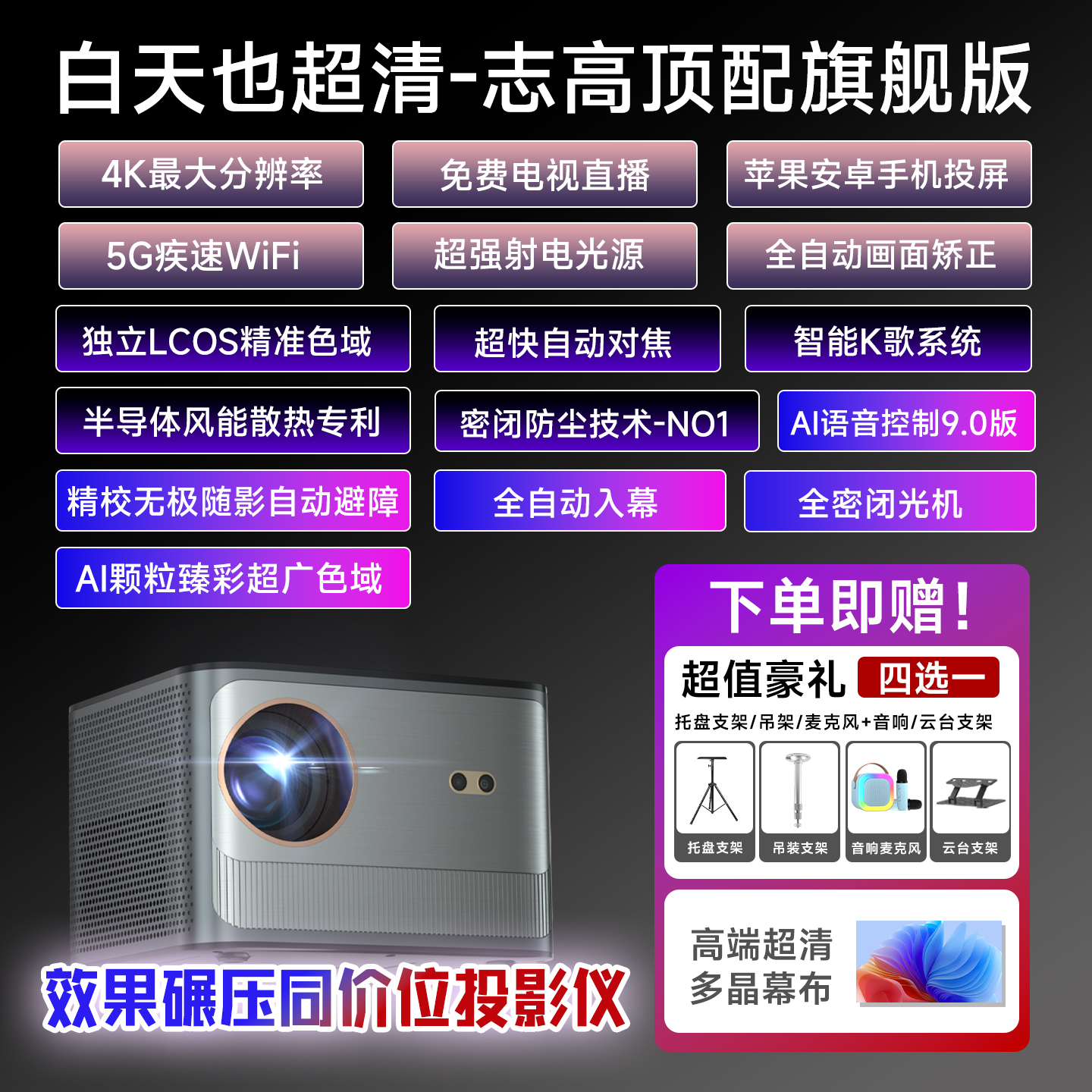 志高2025新款投影仪家用超高清可连手机客厅卧室智能家庭影院白天高亮办公用会议室商用一体机激光投影机户外