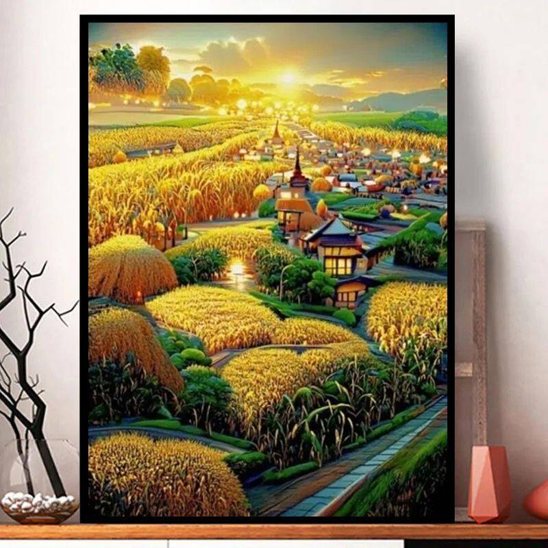 2025新款金色稻田钻石画客厅卧室diy手工点钻贴钻石绣带框粘贴画