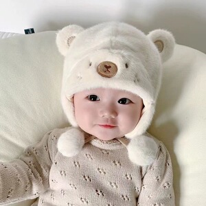 婴儿帽子秋冬款男宝宝女可爱超萌双球小熊毛绒帽加厚保暖儿童冬季