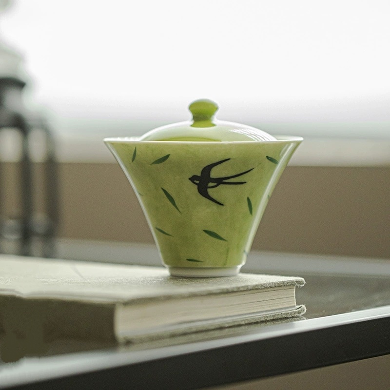 手工翠缥燕返故人归云归轻奢盖碗