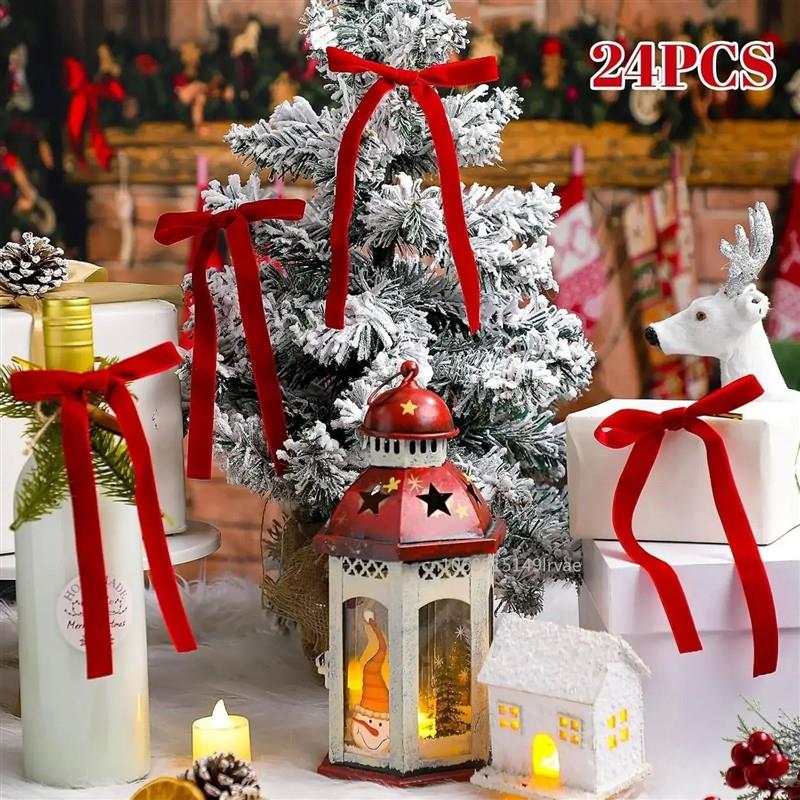 24Pcs Velvet Christmas Bows for Christmas Tree Decor Gift Bo
