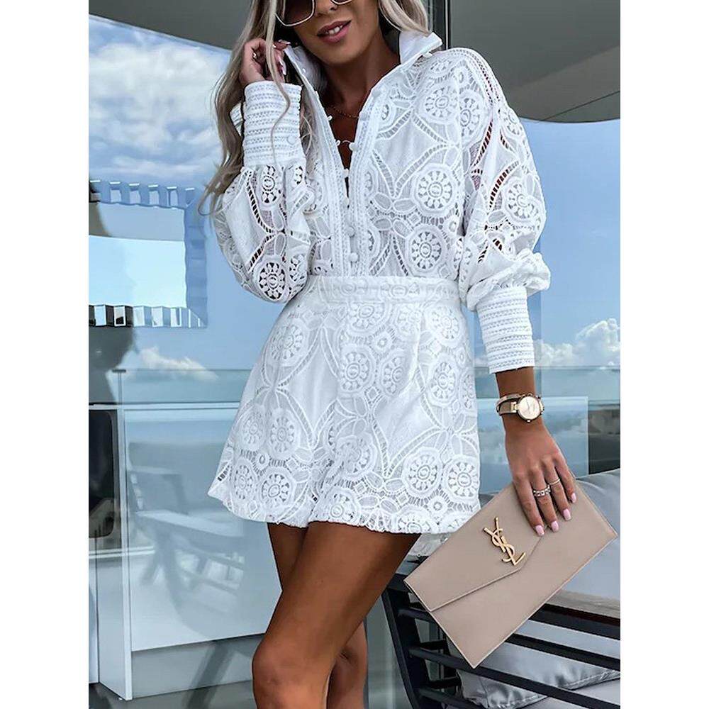 Lace Shorts Sets Women Casual Hollow Out Suit Female Stand C