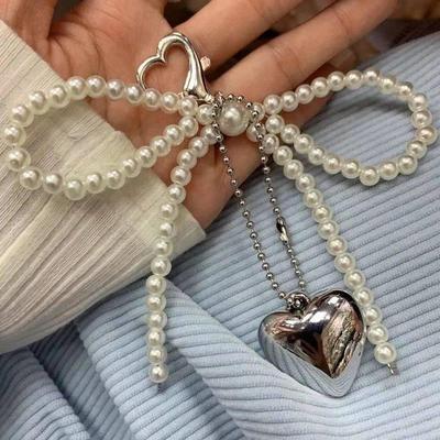 White Bowknot Heart Keychain Women Sweet Charm Pearl Bow Bac
