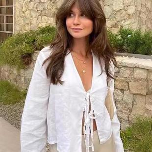 Out Nec Women Loose Shirts Lace Bow Cotton Hollow Linen