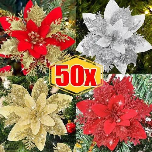 Large Glitter Artificial Christmas Flowers with Clips DIY Fa
