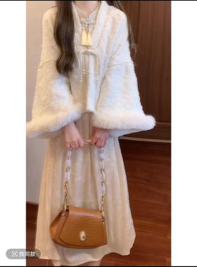 新中式国风立领盘扣提花丝绒连衣裙气质长裙&杏色保暖外套