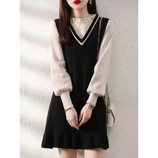 连衣裙简约韩版 淑女宽松型X型荷叶边裙春秋针织面料套头V领长袖