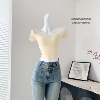 Chill巧儿春梨花雪 重工蕾丝韩系纯欲黄色修身显瘦短款一字肩上衣