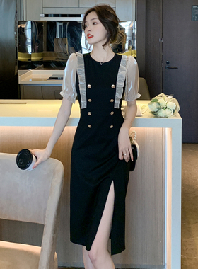 Meliss Lazy夏季新款圆领荷叶边泡泡袖网纱拼接小黑裙套装