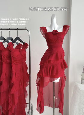 Meliss Lazy Underpass原创假日法式红色玫瑰吊带拖尾连衣裙
