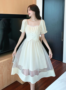 Meliss Lazy纱拼接茶歇法式方领连衣裙女夏季小个子蛋糕蓬蓬裙
