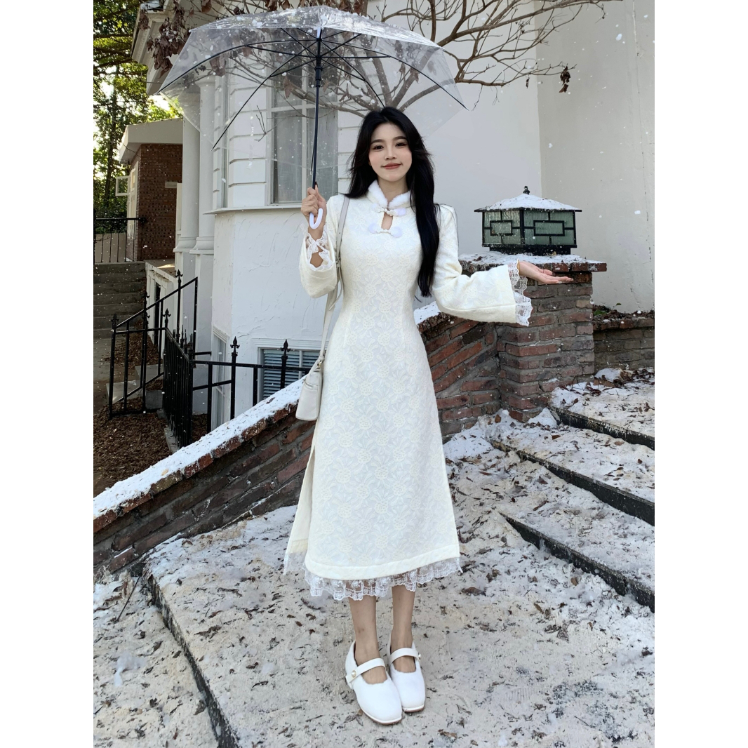 大码女装加绒加厚新中式气质盘扣蕾丝旗袍裙改良国风连衣裙秋冬季