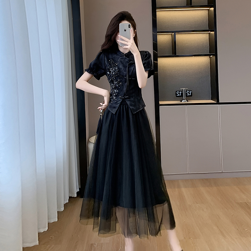 新中式国风改良旗袍裙子女2024新款黑色高级感连衣裙两件套装8551