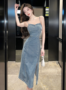 Meliss Lazy港风复古打底气质方领吊带连衣裙收腰显瘦开叉牛仔裙