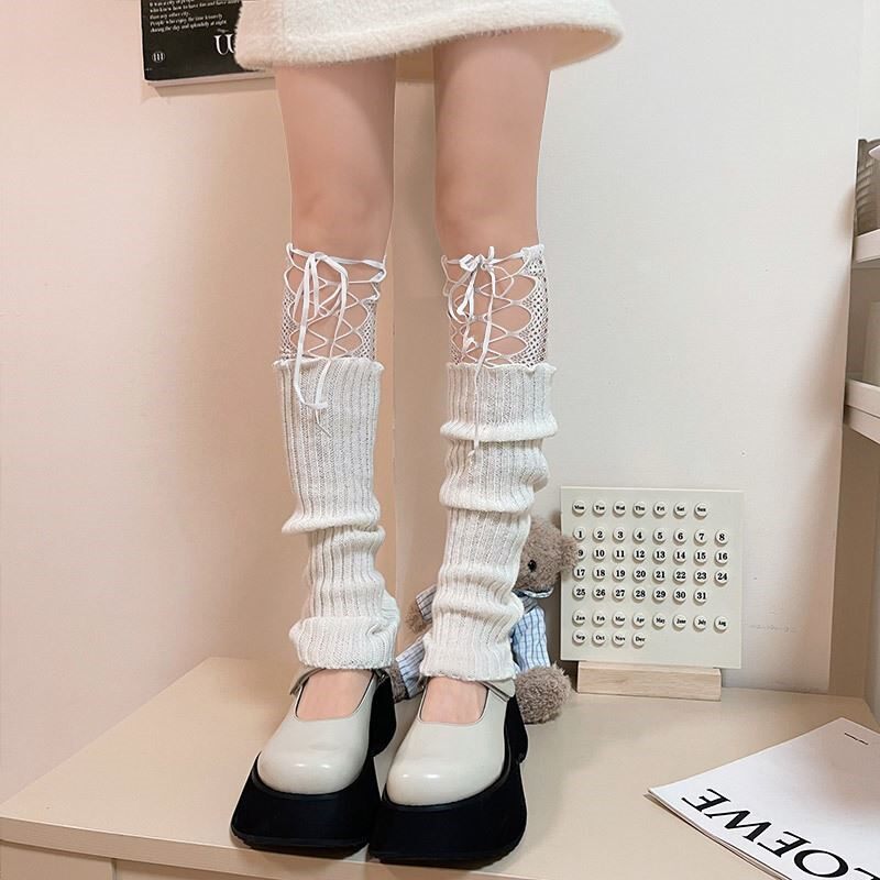 日系辣妹蕾丝针织袜套jk白色堆堆袜腿套长筒袜女绑带芭蕾袜子女