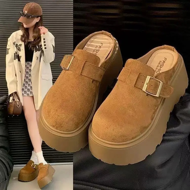 增高7CM单里包头半拖鞋女外穿2026新款秋季一脚蹬懒人勃肯鞋