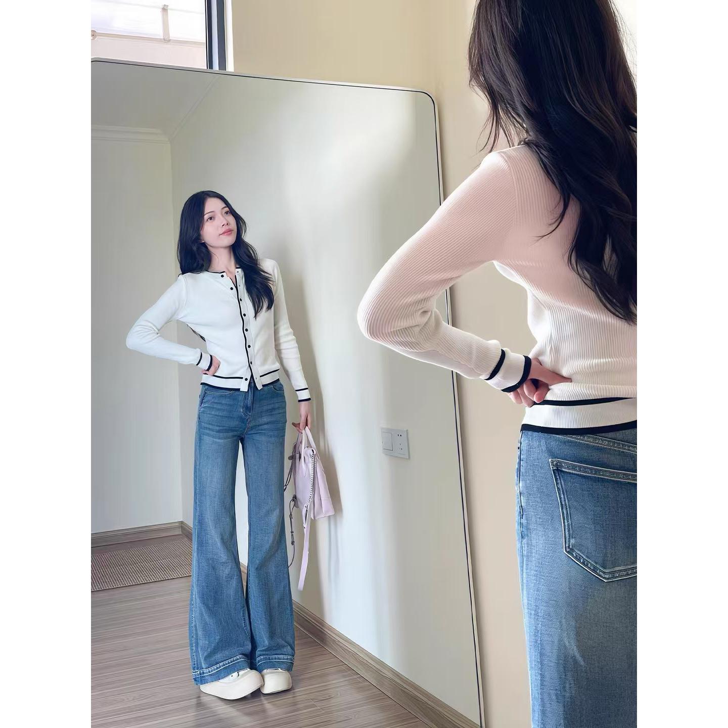韩系设计感撞色单排扣长袖针织开衫女超火的修身减龄百搭短款上衣